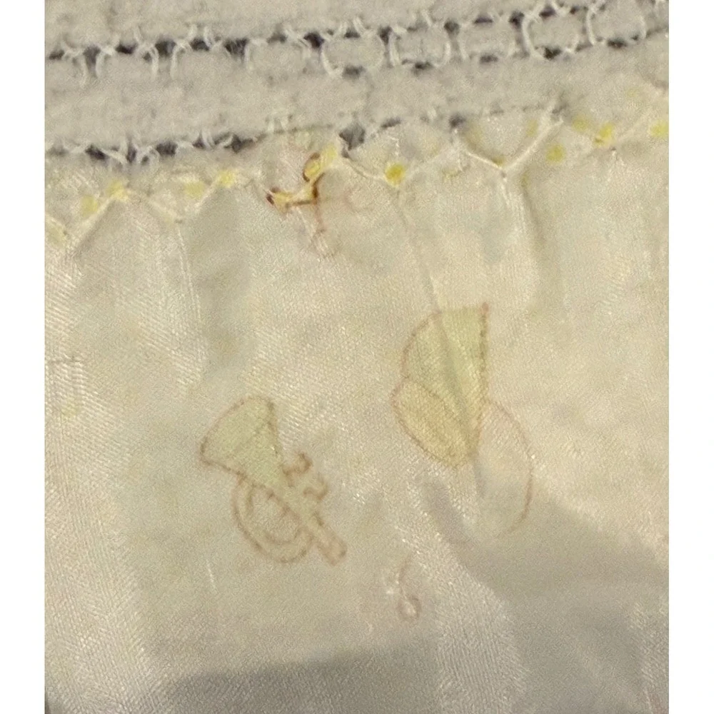 Vintage Carter's Baby Blanket Cream Yellow Satin Ruffle Trim Nursery Bear Train